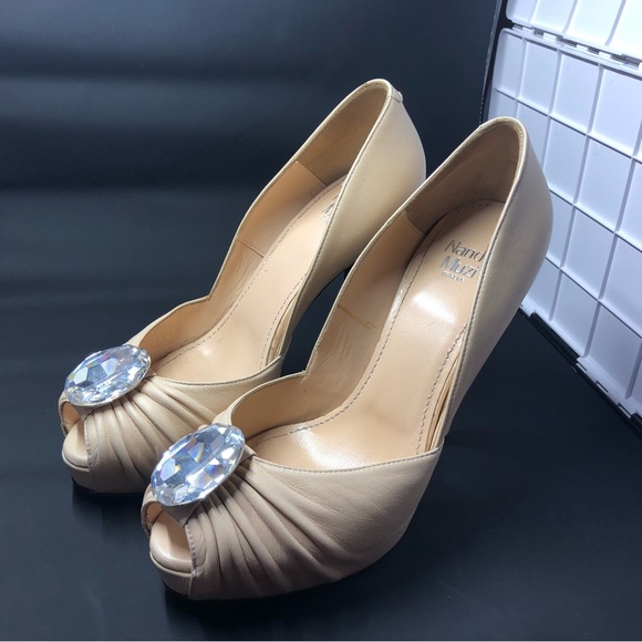 Nando Muzi - Nude Leather Platform Heels with Crystal Detail - Size 7 - Picture 5 of 9
